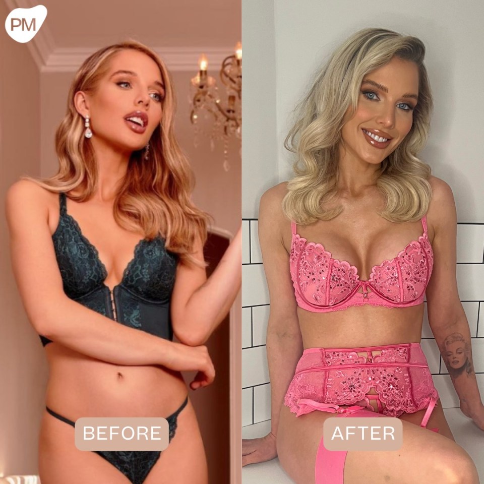 Before and after photos of a woman in lingerie.