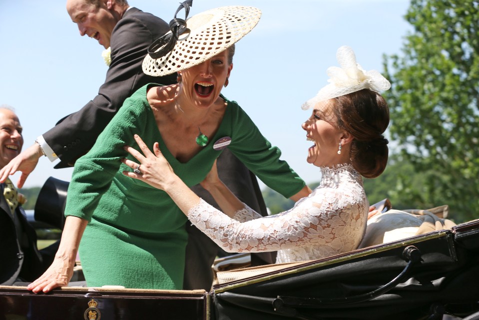 The Countess of Wessex losing her balance and falling onto the Duchess of Cambridge in a carriage at Royal Ascot.