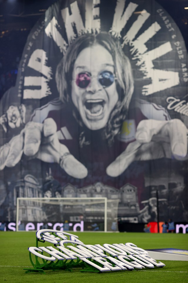 Large tifo of Ozzy Osbourne at an Aston Villa soccer game.