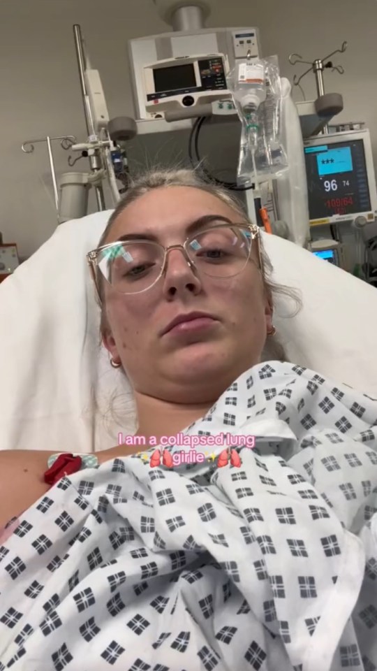 Woman in hospital bed with collapsed lung.