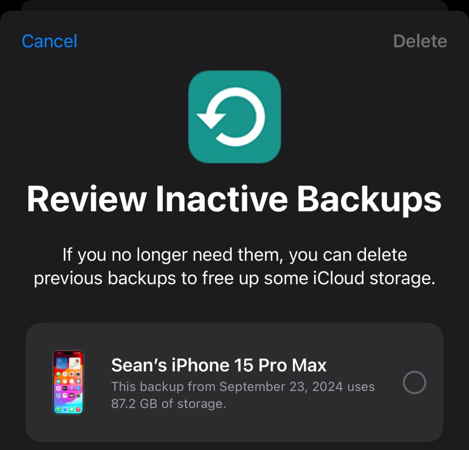 iCloud inactive backup review screen showing an iPhone 15 Pro Max backup using 87.2 GB of storage.