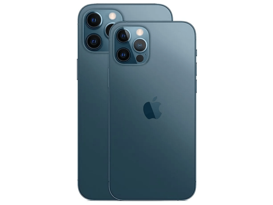 iPhone 12 Pro in Sierra Blue, shown in two sizes.