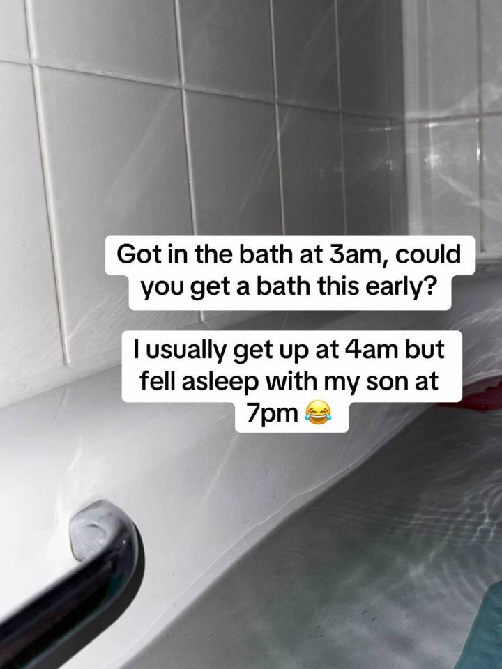 Photo of a bathtub at 3 AM with text overlay.