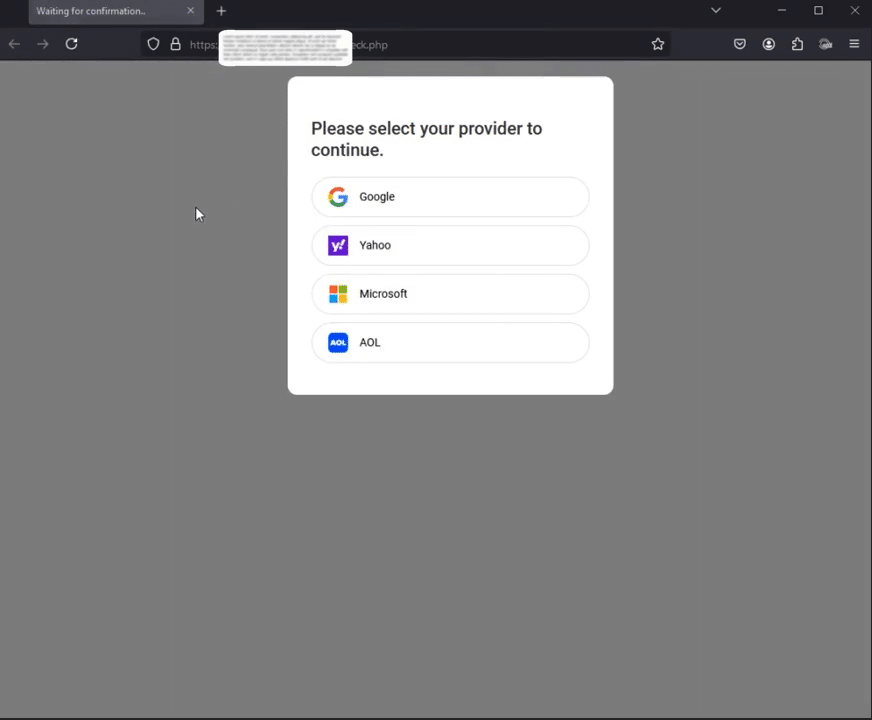 Screenshot of a login screen prompting the user to select a provider (Google, Yahoo, Microsoft, AOL) to continue.