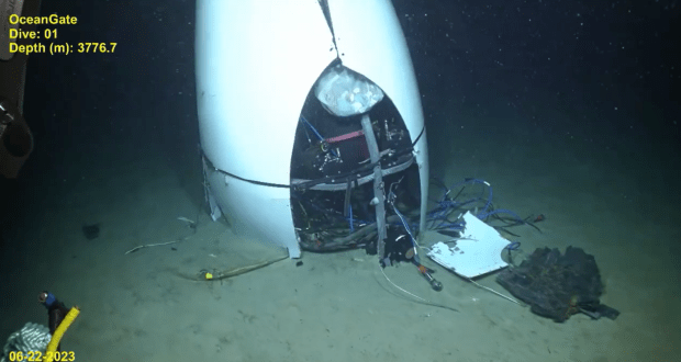 Debris of the OceanGate submersible on the ocean floor.