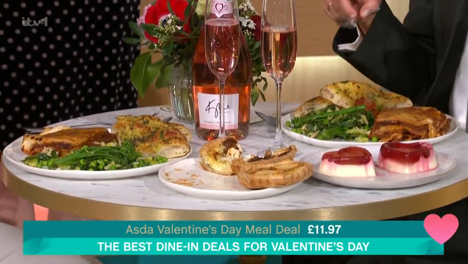 Asda Valentine's Day meal deal: lasagna, pastries, vegetables, and dessert.