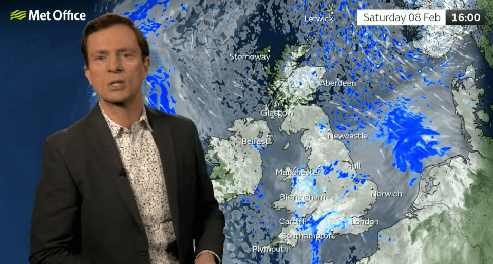 Weather presenter with UK weather map showing precipitation.