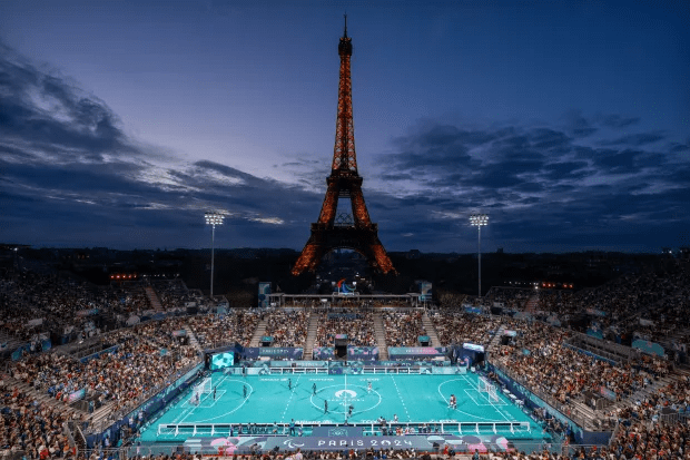 Paris 2024 Olympic futsal venue with the Eiffel Tower in the background.