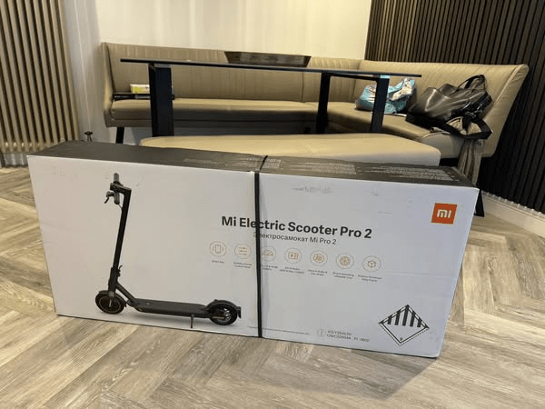 Xiaomi Mi Electric Scooter Pro 2 in its box.