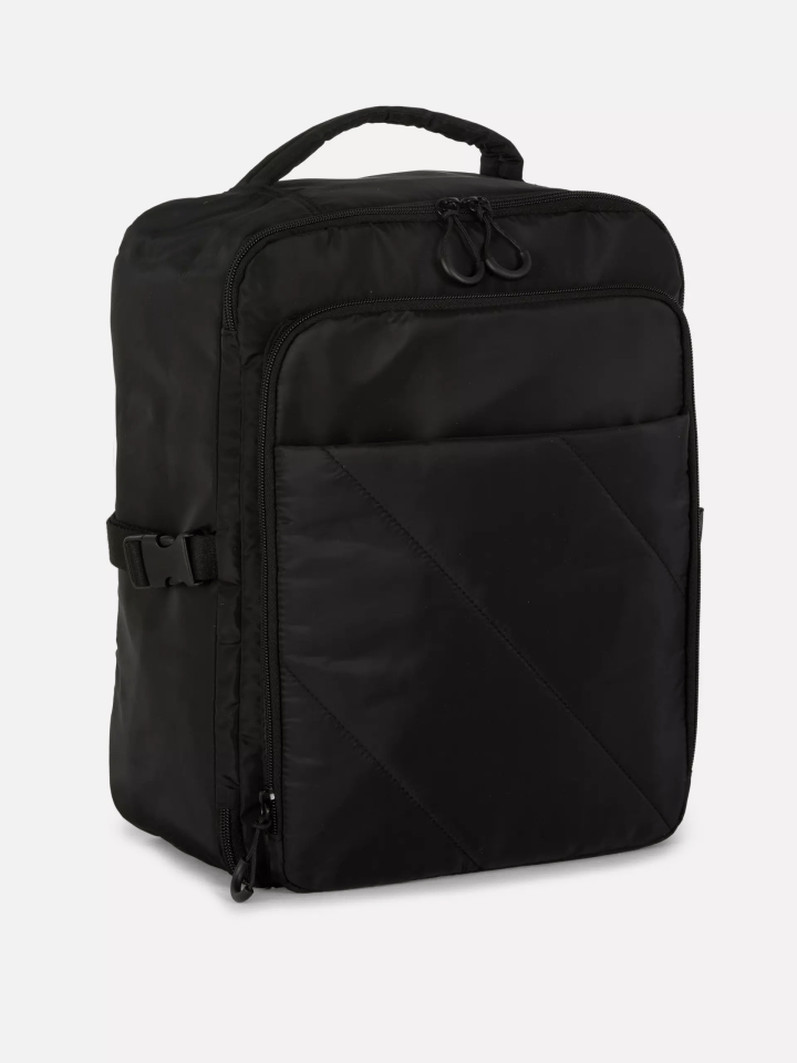 Black backpack with a top handle and zipper closure.