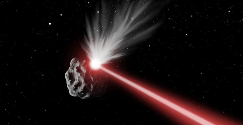 Illustration of a laser beam striking an asteroid in space.