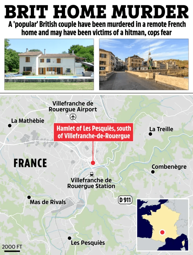 Map showing location of murder of British couple in Les Pesquiès, France.