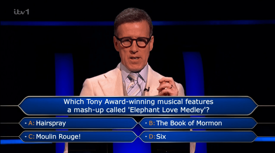 Screenshot of a game show question: "Which Tony Award-winning musical features a mash-up called 'Elephant Love Medley'?" with multiple-choice answers.