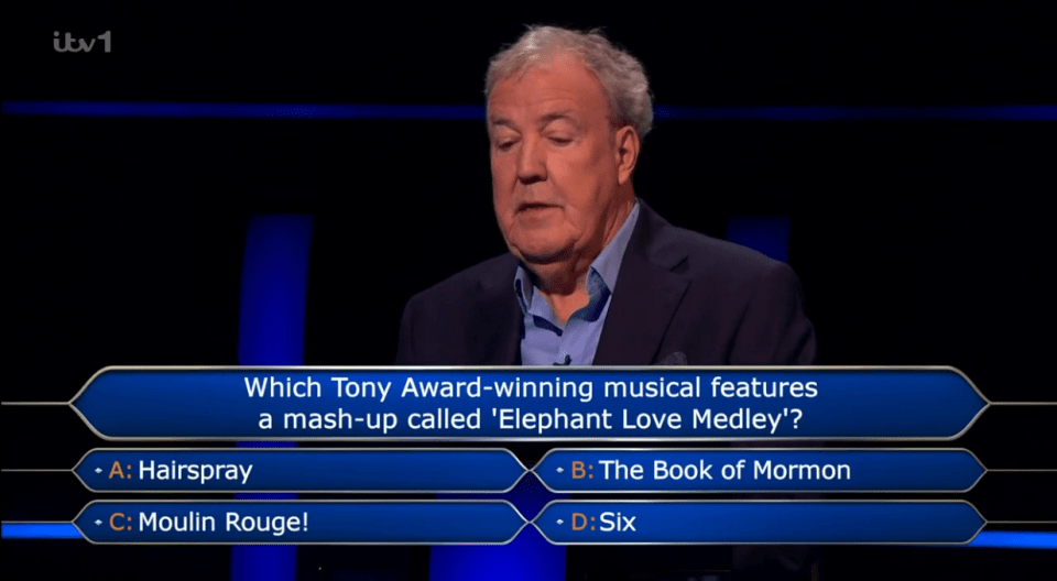 Screenshot of a game show question: Which Tony Award-winning musical features a mash-up called "Elephant Love Medley"?  The options are Hairspray, The Book of Mormon, Moulin Rouge!, and Six.