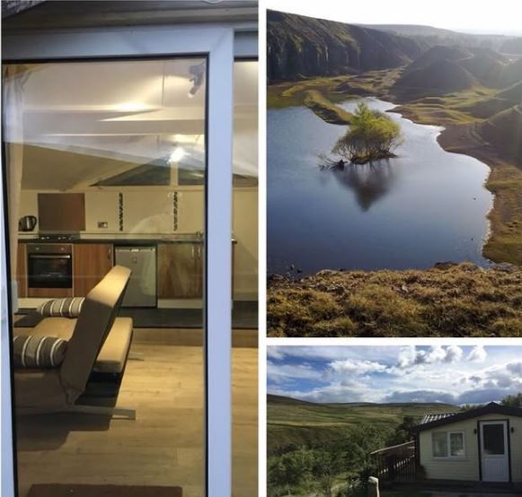 Collage of a chalet interior, a lake in a mountainous landscape, and an exterior view of the chalet.