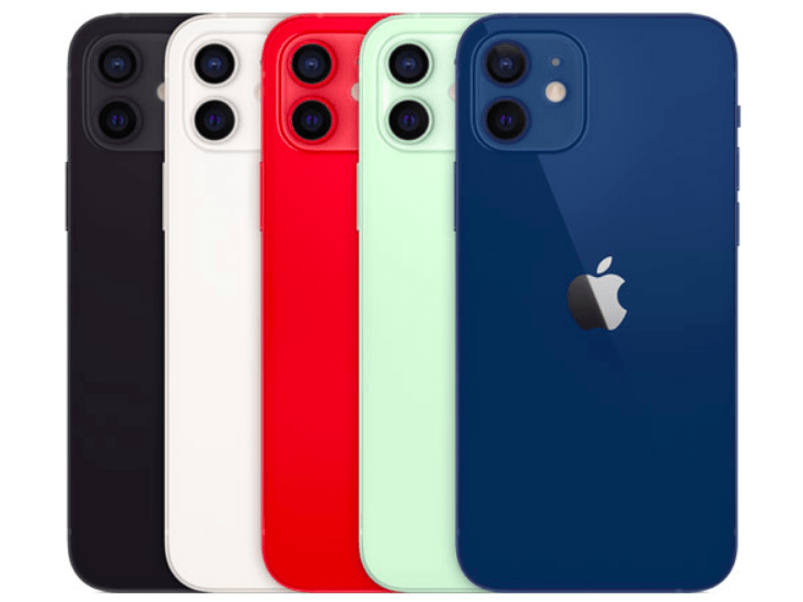 iPhone 12 in black, white, red, and light green.