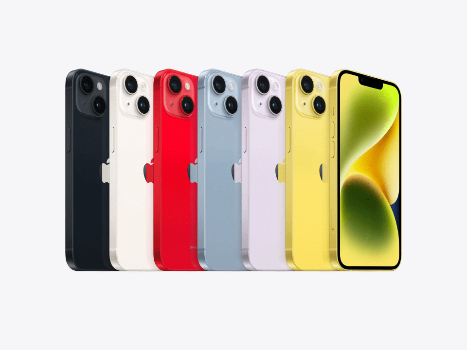 iPhone 14 in multiple colors.