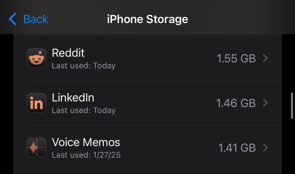 iPhone storage showing Reddit (1.55 GB), LinkedIn (1.46 GB), and Voice Memos (1.41 GB) usage.