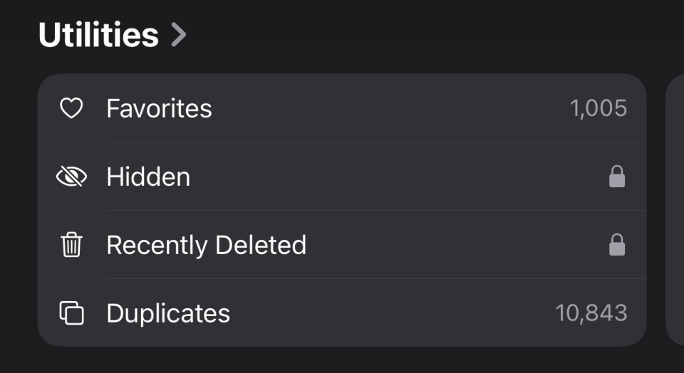 iPhone Utilities menu showing Favorites (1,005), Hidden, Recently Deleted, and Duplicates (10,843).
