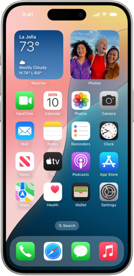 iPhone home screen showing apps and widgets.
