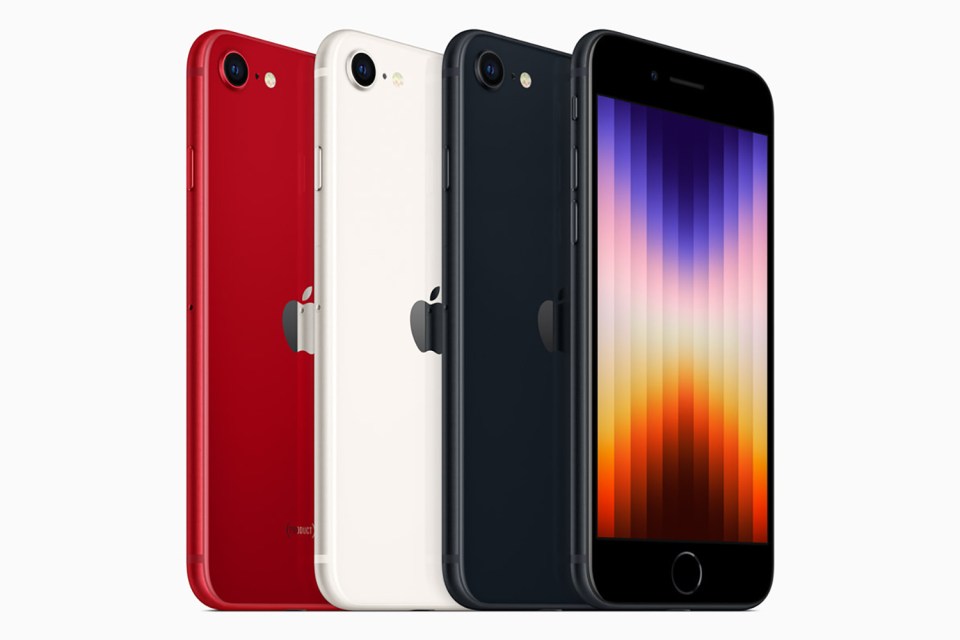 iPhone SE in red, white, and black.