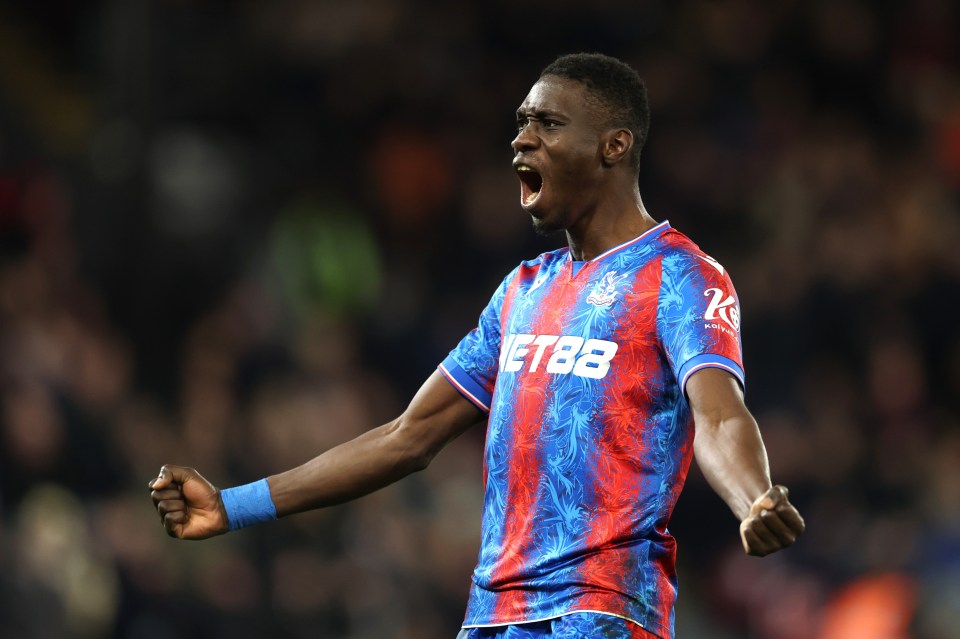 Ismaila Sarr of Crystal Palace celebrating a goal.