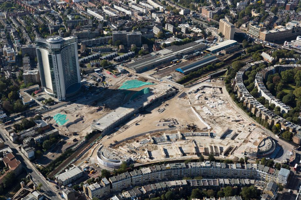 Aerial view of the former Earls Court Exhibition Centre demolition site in London.