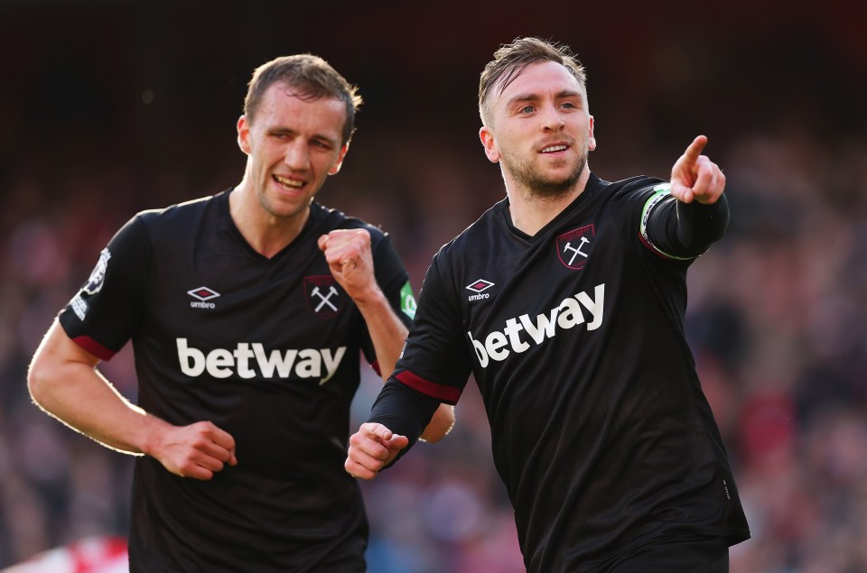 Jarrod Bowen of West Ham United celebrating a goal.