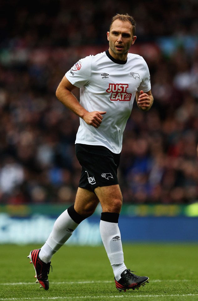 John Eustace of Derby County in action during a soccer match.