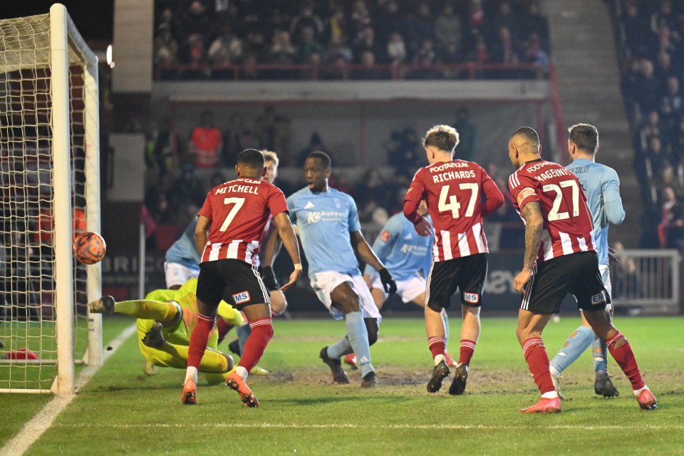 Soccer player scoring a goal.