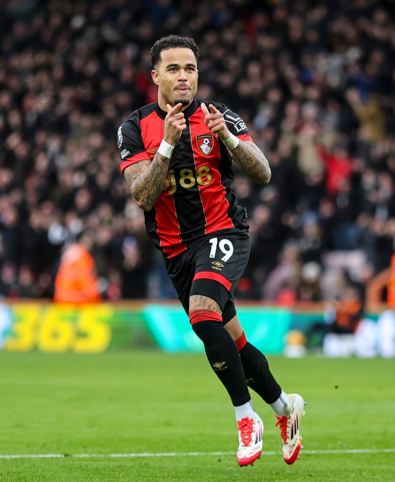 Justin Kluivert of Bournemouth celebrates scoring a goal.