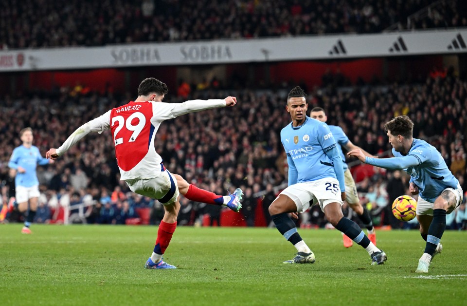 Kai Havertz of Arsenal scoring a goal against Manchester City.