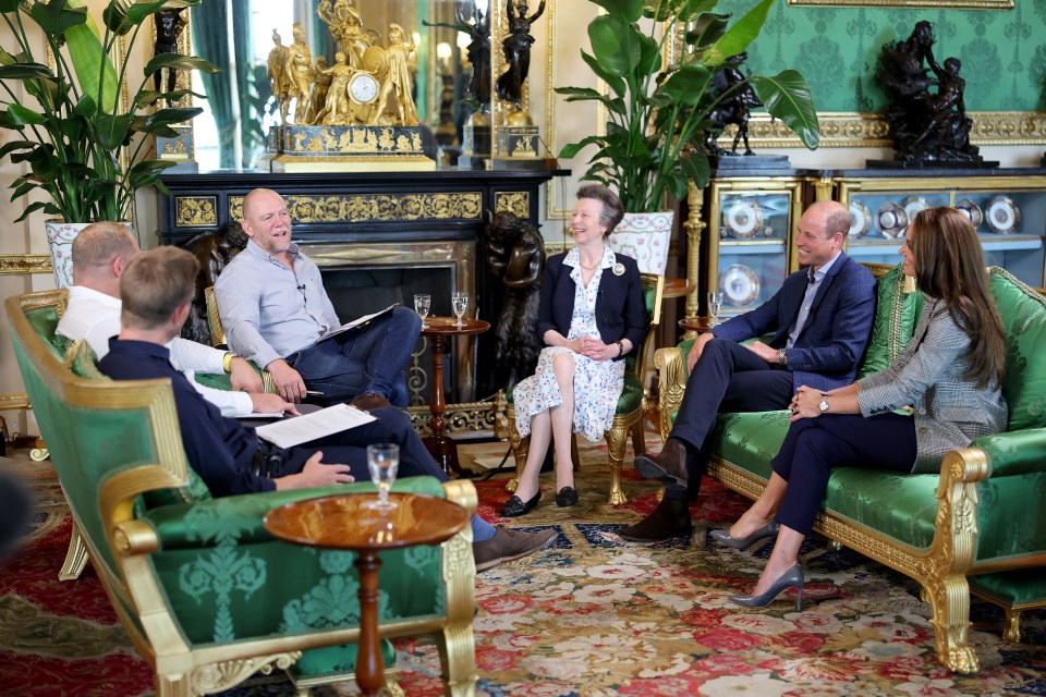 The Prince and Princess of Wales, Princess Anne, and Mike Tindall participating in a podcast recording.