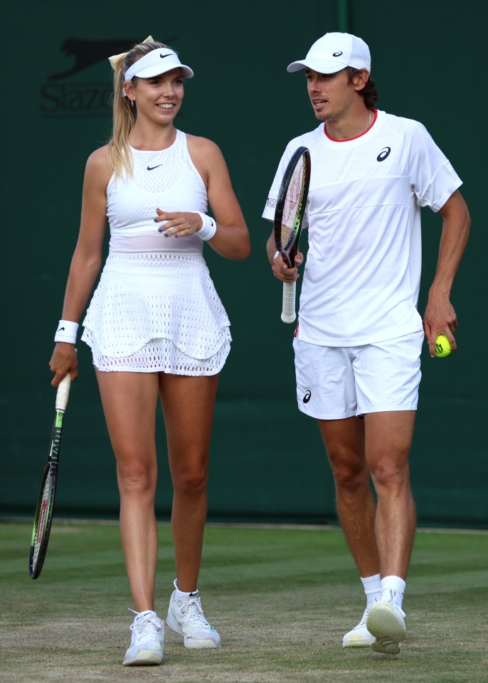 Katie Boulter and Alex De Minaur on a tennis court.