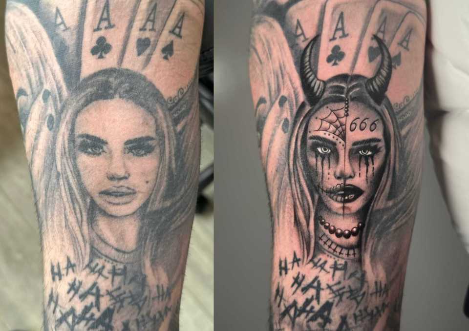 Tattoo transformation: a woman's face changed into a devil.