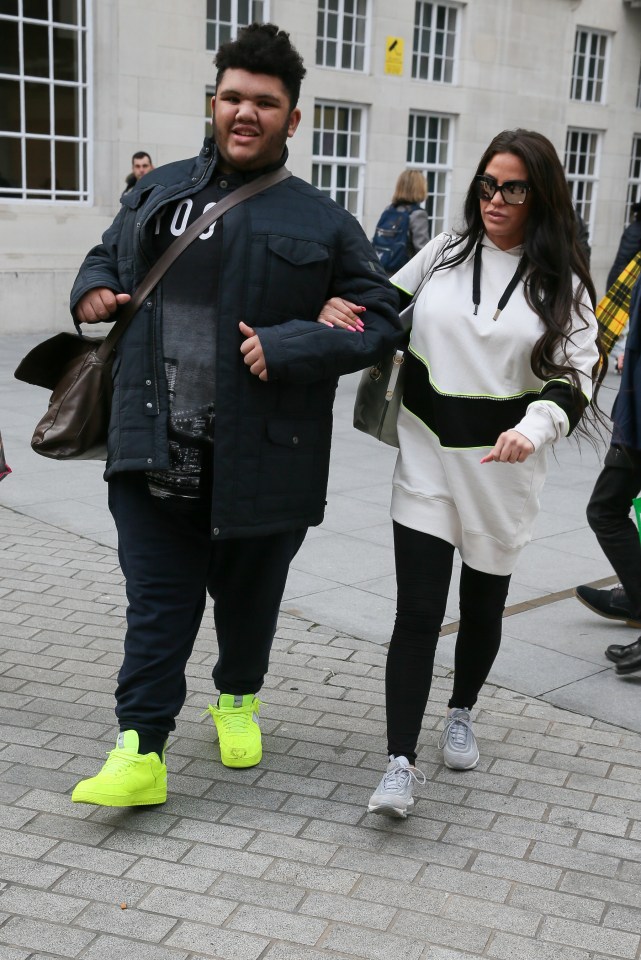 Katie Price and her son Harvey Price leaving BBC TV studios.