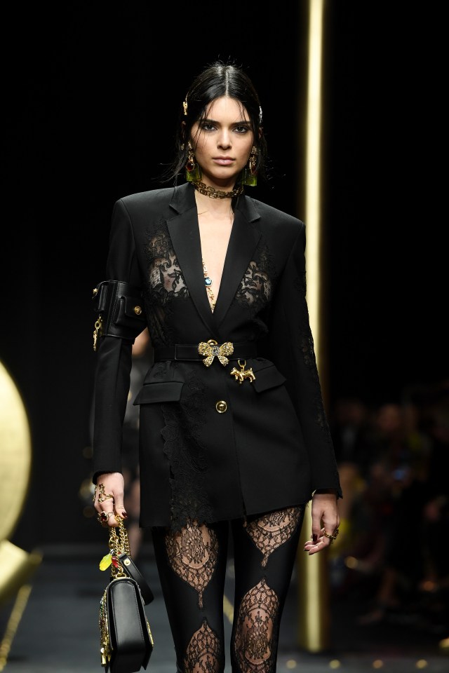 Kendall Jenner walking the Versace runway at Milan Fashion Week.