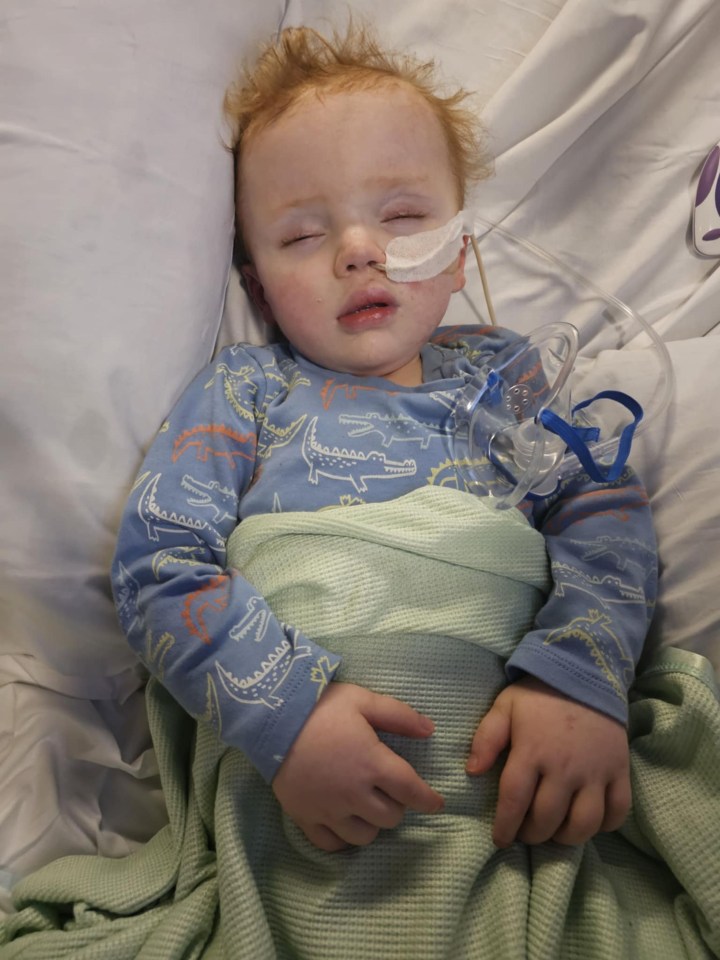 A toddler sleeping in a hospital bed with a nasal cannula.