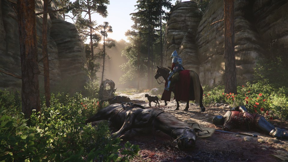 Screenshot of a knight on horseback in a forest, a dead horse and knight lying on the ground.