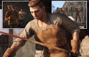 Collage of Kingdom Come: Deliverance 2 gameplay showing a blacksmith working with a sword, a fight scene, and men in the pillory.