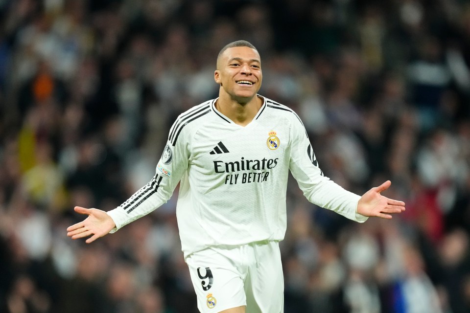 Kylian Mbappé celebrating a goal for Real Madrid.