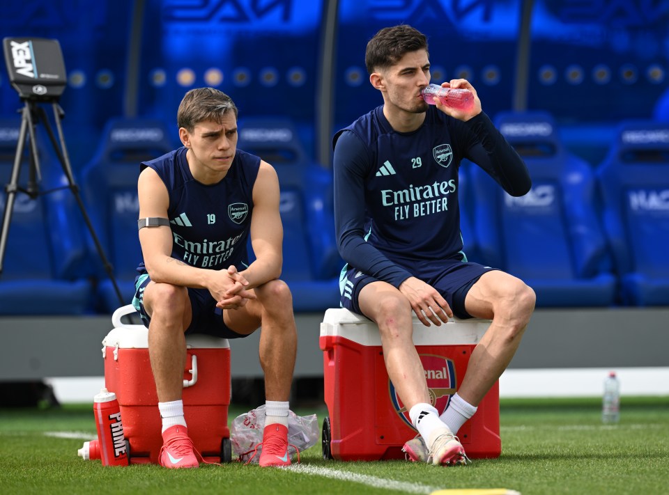 Leandro Trossard and Kai Havertz of Arsenal during a training session.