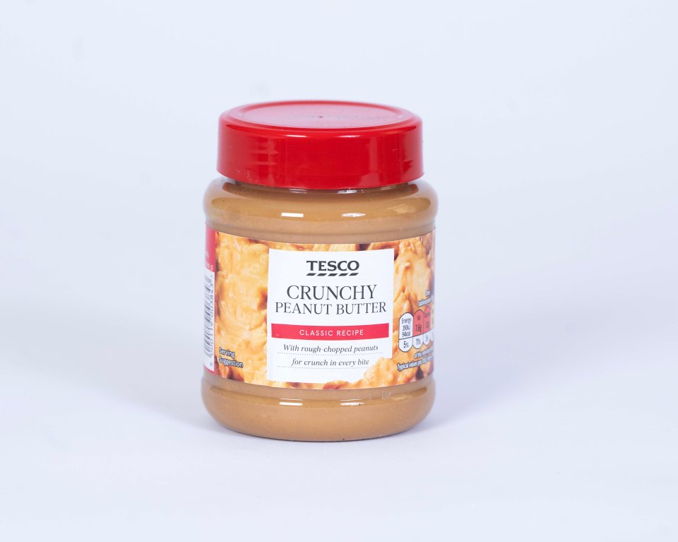 Jar of Tesco Crunchy Peanut Butter.