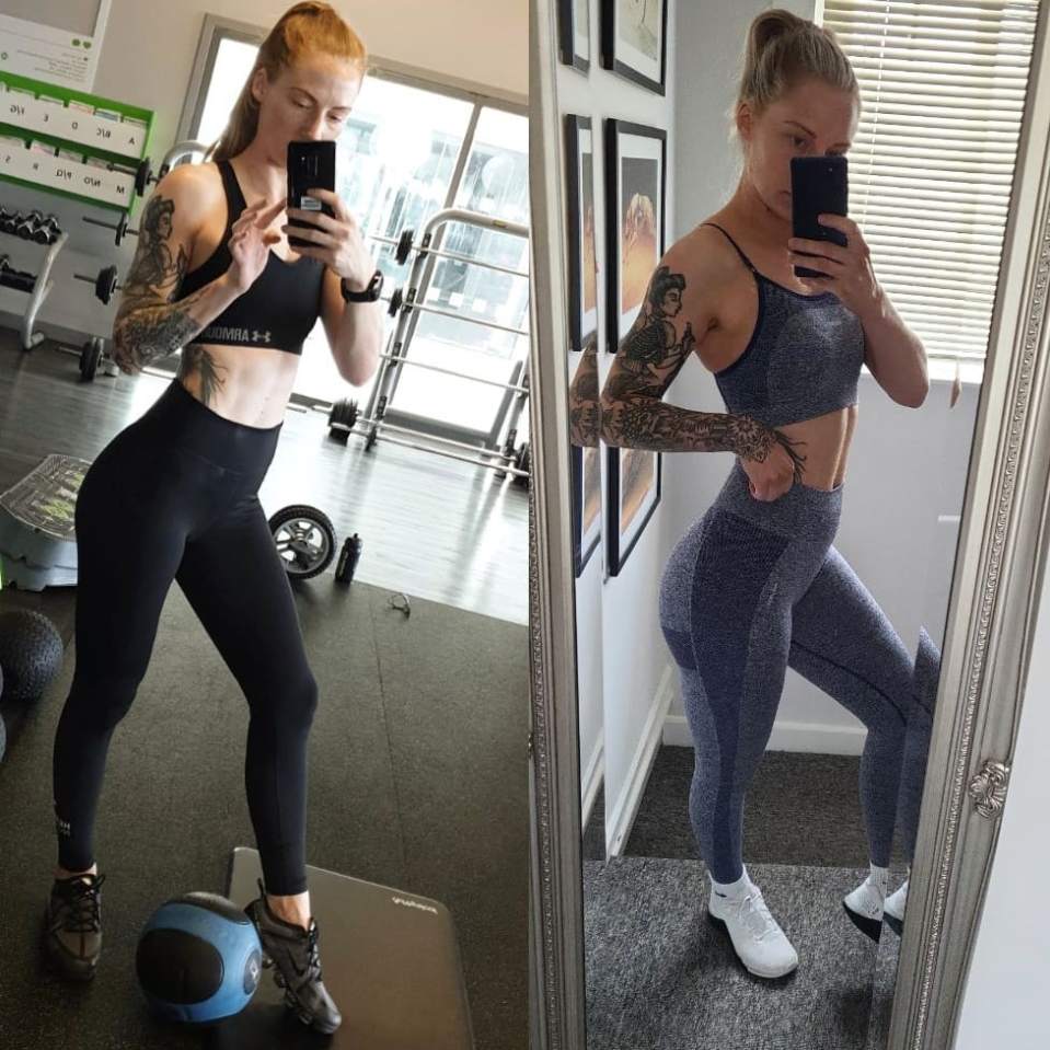 Before and after photos of a woman's fitness journey.