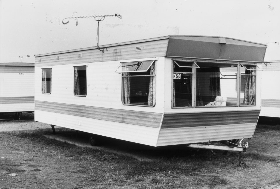 Black and white photo of Leoni Keating's seaside holiday caravan.