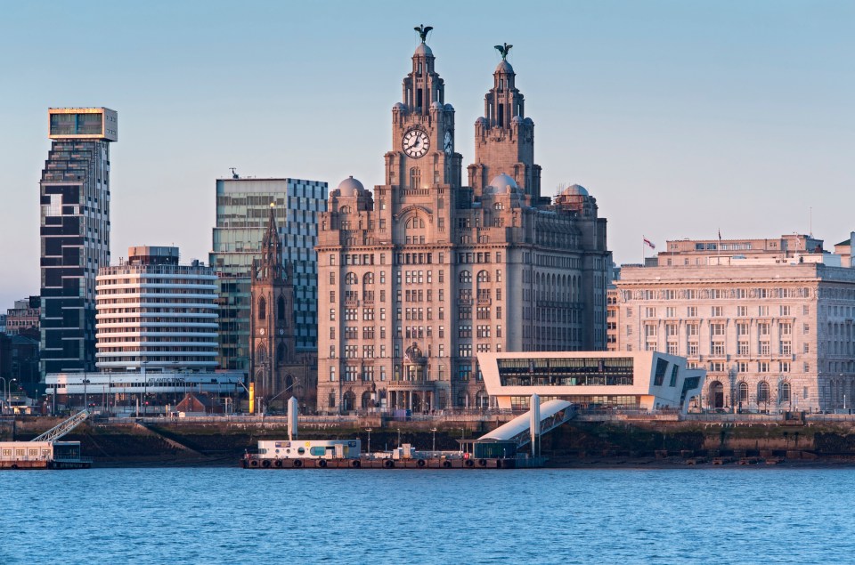 The Liver Building and Pier Head in Liverpool, England.