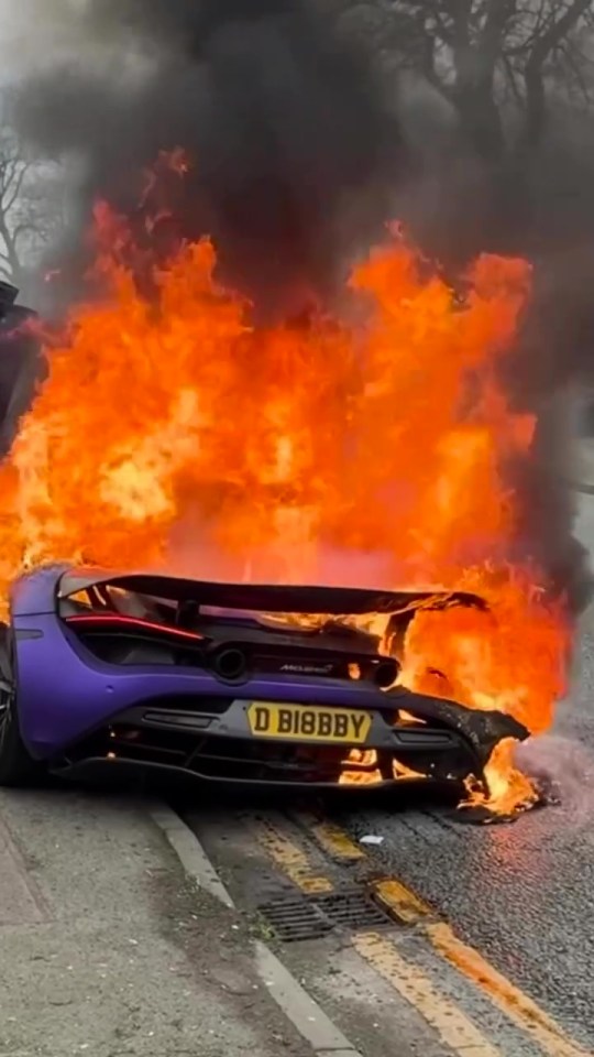 Purple McLaren engulfed in flames.