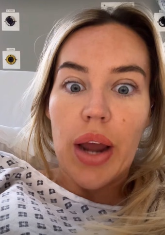 Samantha from Love Island in a hospital gown, revealing she's having a boob job and uplift.