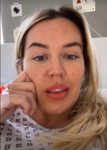 Samantha from Love Island in a hospital gown, speaking to the camera.