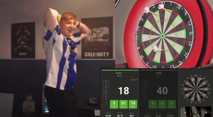 A darts match between Ginge and Littler, showing the players, the dartboard, and the score.